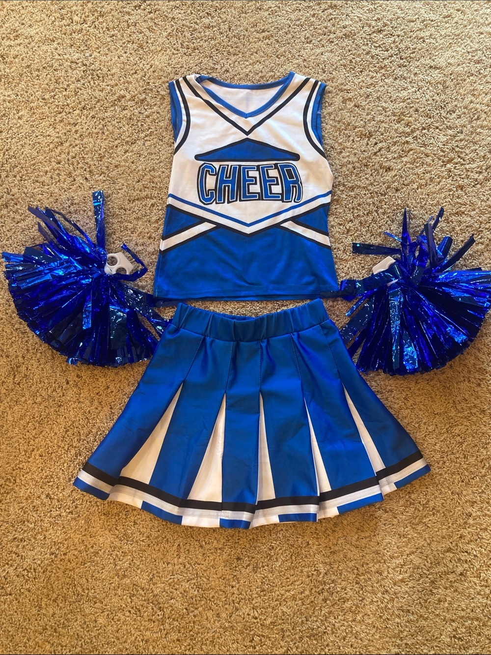 Amazon Blue and White Cheerleading Costume Set with Pom Poms